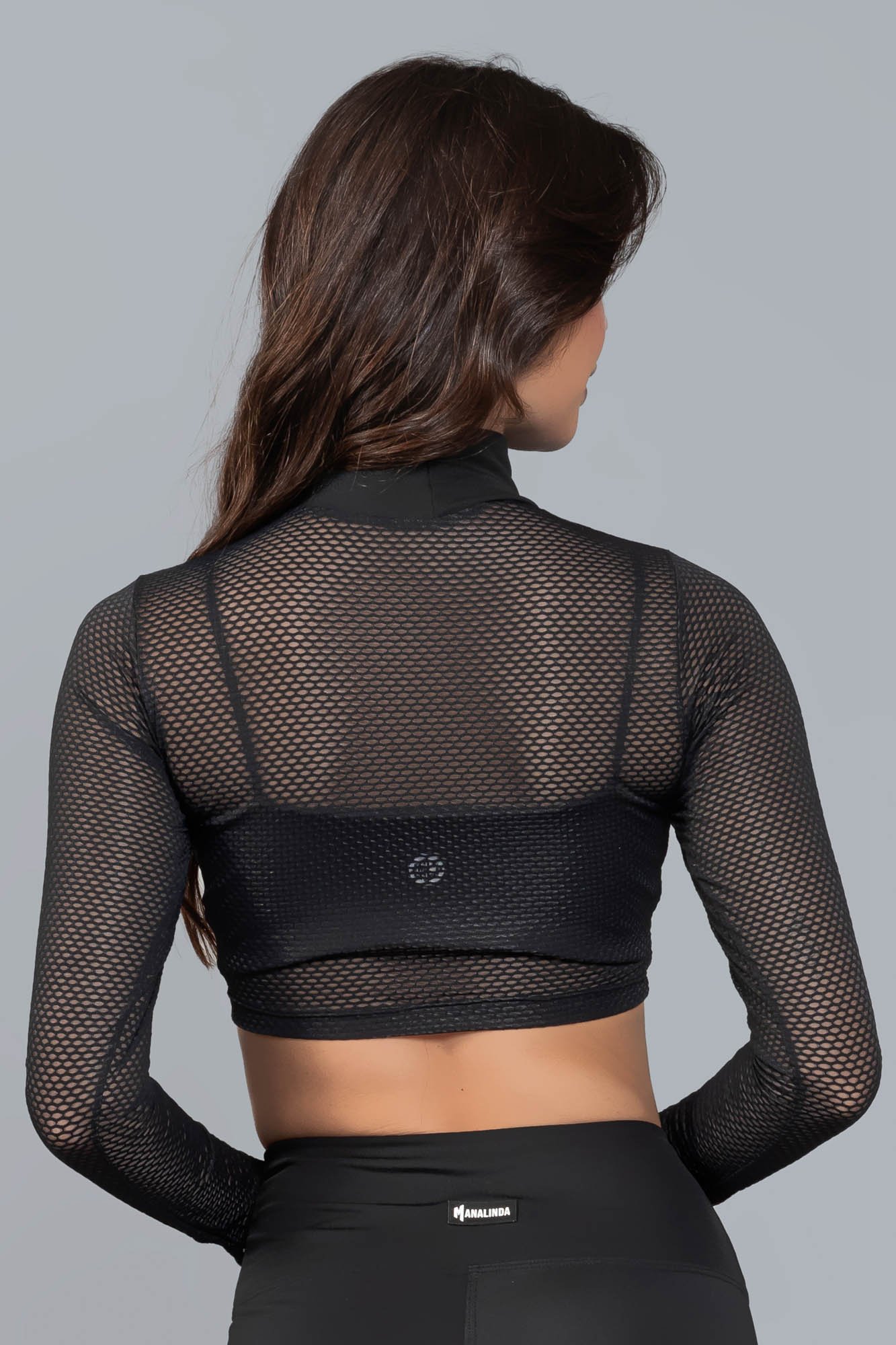 Blusa Manga Longa Mesh Feminina Fitness Preta