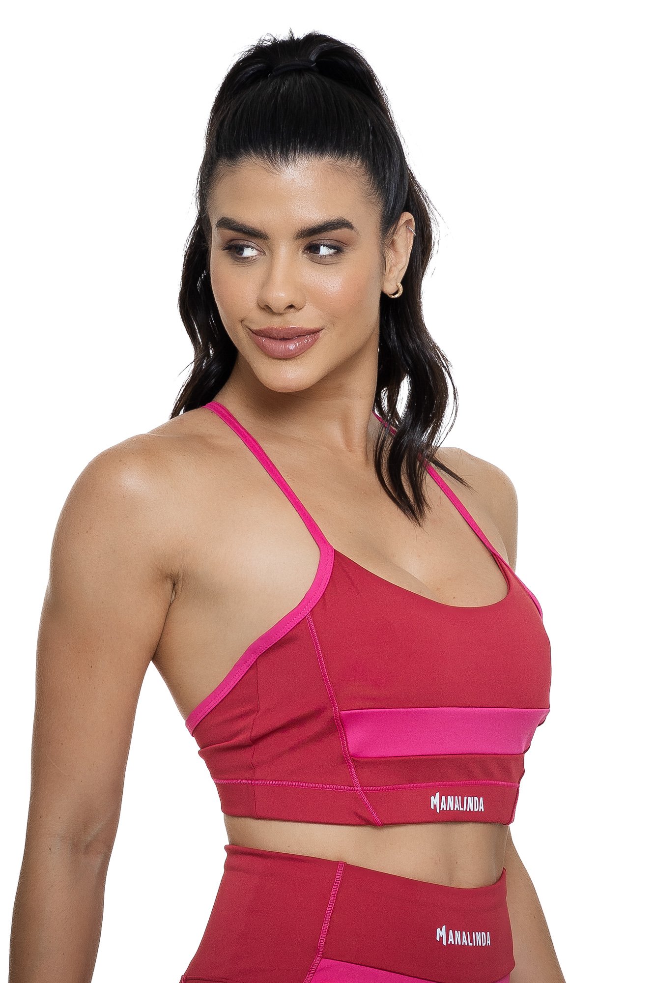 Top feminino nadador com alças finas bordô e magenta visto de lado, ideal para treinos com estilo e praticidade.
