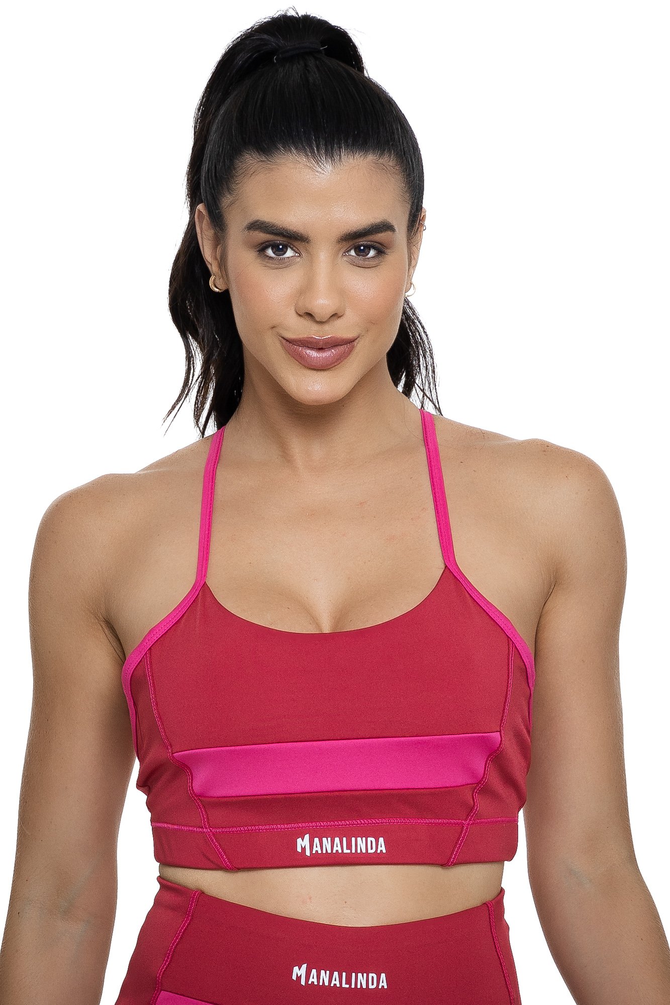 Top feminino nadador com alças finas bordô e magenta visto de frente, ideal para treinos com estilo e praticidade.