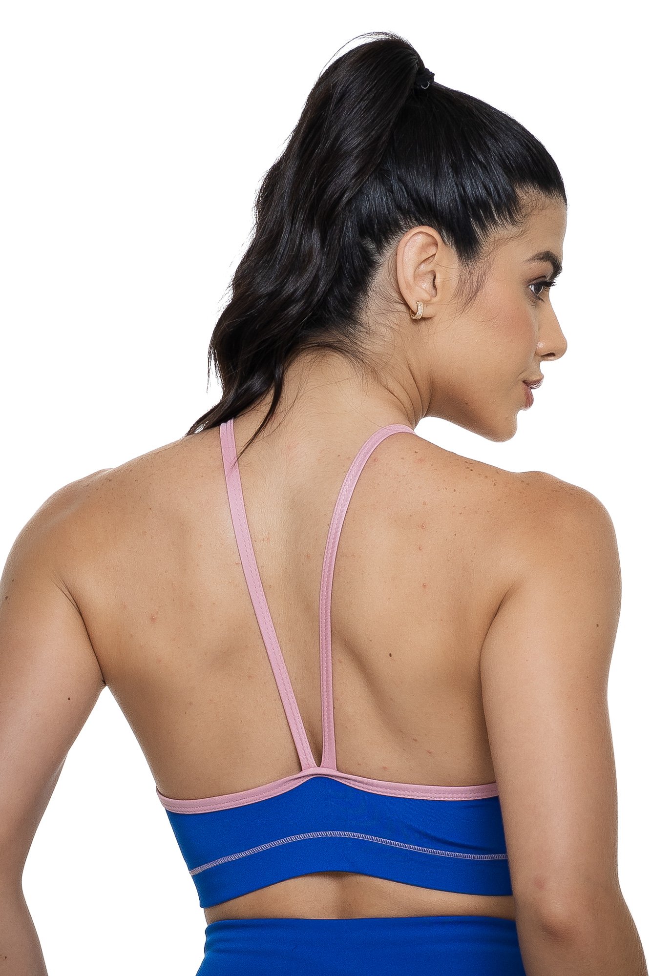 Top feminino nadador com alças finas azul bic e quartzo visto de costas, ideal para treinos com estilo e praticidade.