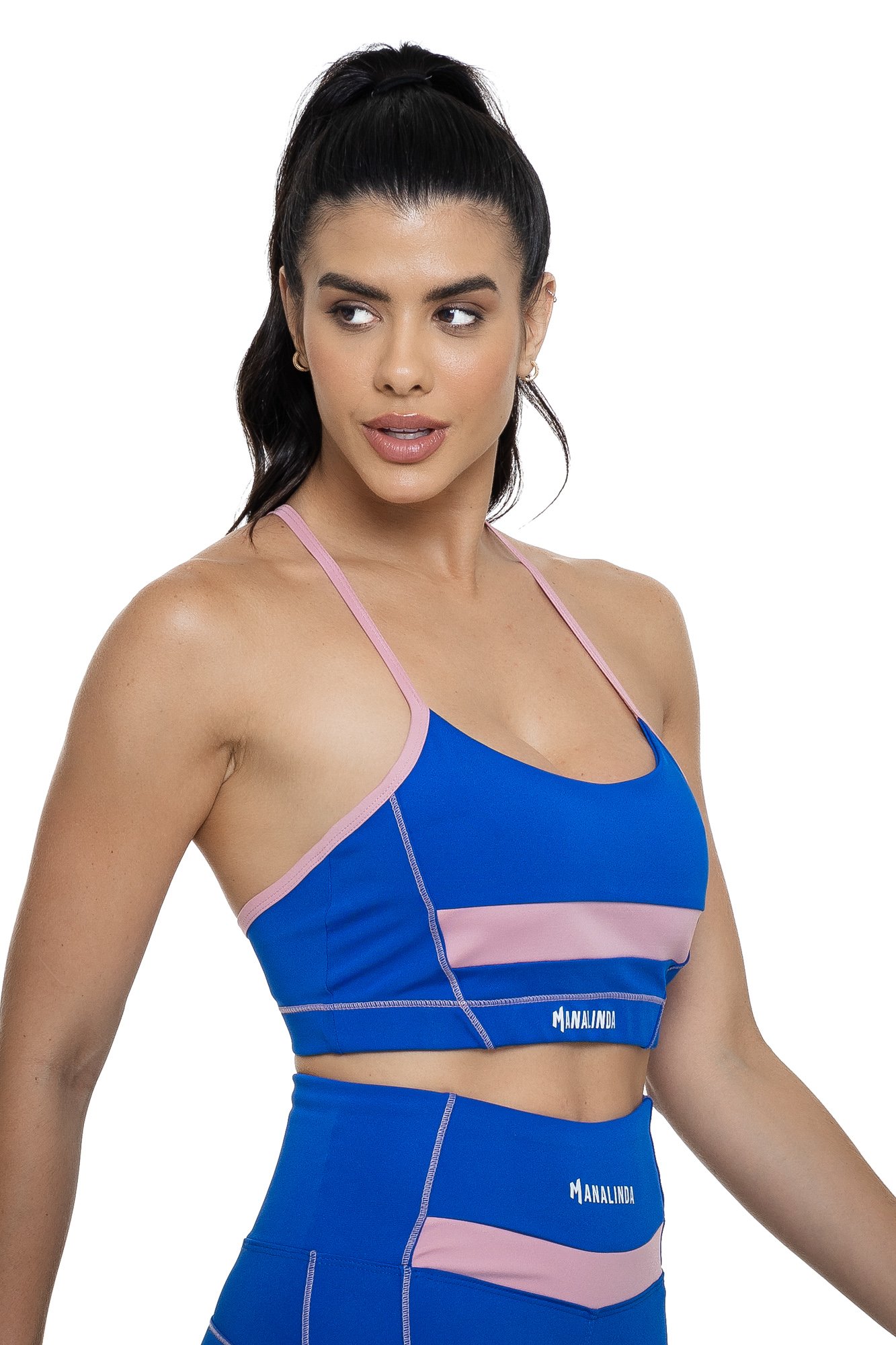 Top feminino nadador com alças finas azul bic e quartzo visto de lado, ideal para treinos com estilo e praticidade.