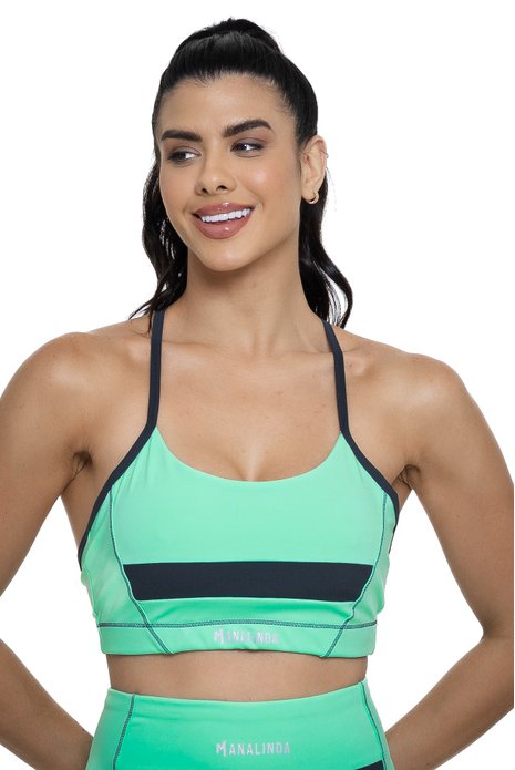 Top feminino nadador com alças finas verde água e grafite visto de frente, ideal para treinos com estilo e praticidade.