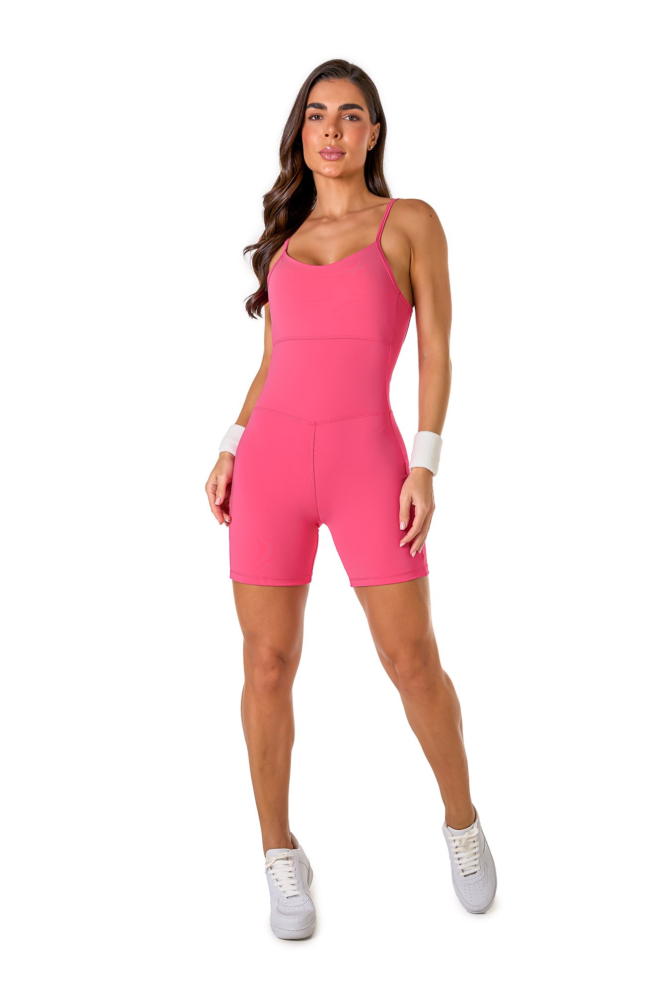 Macaquinho básico rosa em poliamida, projetado para conforto e mobilidade, ideal para treinos com estilo e praticidade.